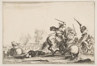 Uno scontro, due cavalieri che combattono con le spade a destra, uomini che portano una bandiera corrono..., ca. 1645
