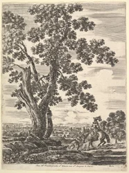Una donna a cavallo vista da dietro che scende una collina a destra, un grande albero, ca. 1652-57