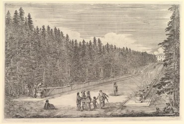 Un vicolo di fontane, un gruppo di persone al centro, un uomo e un cane seduti a destra, due...