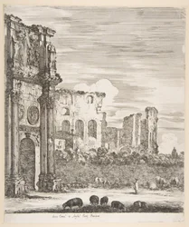 Arco di Costantino e Colosseo con pecore al pascolo in primo piano, da "Sei grandi vedute, quattro di Roma e due della Campagna romana" (Sei grandi vedute, di cui quattro di Roma e due della Campagna romana)