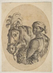 Uno schiavo nero porta una pelle di leopardo e tiene la briglia di un cavallo, da Diverse teste ..., 1649-50