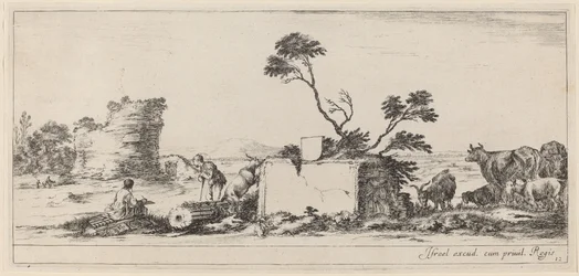Scena di campagna con artista che disegna, entro il 1647