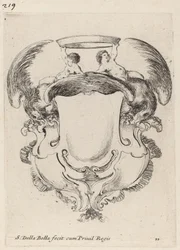 Cartiglio con aquile e due infanti che tengono una corona, 1647
