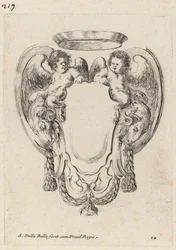 Cartiglio con arieti e satiri infanti