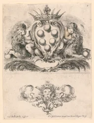 Stemma del Granduca di Toscana: ornamento con una maschera di leone, n. 6 da "Raccolta di varii cappriccii et nove inventioni di cartelle et ornamenti"