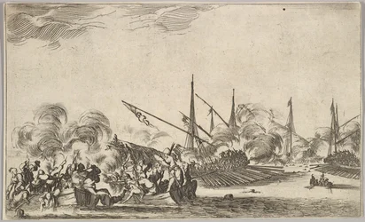 Combattimento tra diverse barche a remi e navi, due gruppi di uomini in barche a remi che combattono a sinistra..., 1639