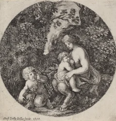 Satiro femmina che allatta un bambino in un paesaggio boscoso, 1656