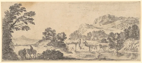 Paesaggio fluviale con ponte in pietra
