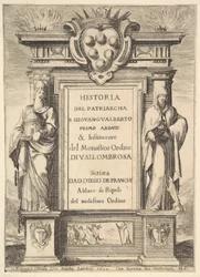 Frontespizio: un monumento decorato con lo stemma dei Medici in alto al centro, fiamme, 1640