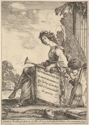 Frontespizio per Poesie di Desmarets Oeuvres poétiques de Desmarets: una donna alata..., 1641