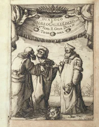 Galileo (sinistra) conversa con Tolomeo (centro) e Copernico (frontespizio illustrato)