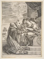 Galileo e personificazioni di Astronomia, Prospettiva e Matematica, frontespizio per