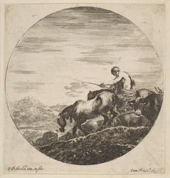 Mandriano a cavallo guida animali, da Sei soggetti animali, ca. 1646