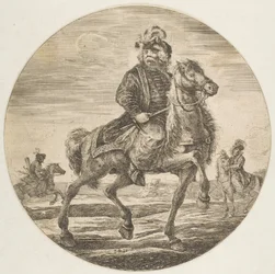 Cavaliere ungherese che cavalca verso destra, altri cavalieri sullo sfondo