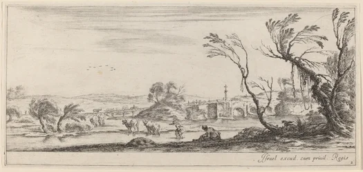 Paesaggio con contadino che si prepara ad attraversare un ruscello, entro il 1647