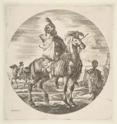 Cavaliere moro di profilo rivolto a destra, a destra uno schiavo nero che regge una pelliccia, un altr..., ca. 1651.