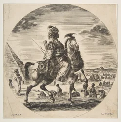 Cavaliere moro di profilo rivolto a destra, sullo sfondo una piramide a sinistra, molte fi..., ca. 1651.