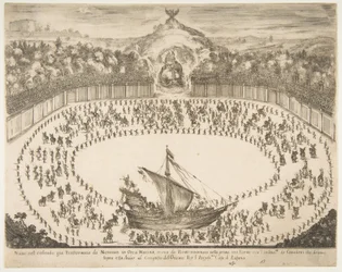 Carro allegorico a forma di nave, stemma del Granduca di Modena in cima, 1652