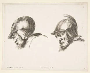 Due teste di vecchi soldati con elmi, entrambi rivolti a sinistra e guardando in basso, ca. 1641