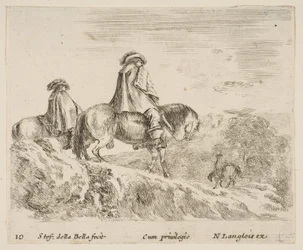 Tavola 10: due cavalieri che scendono da una montagna a sinistra, un altro cavaliere a destra