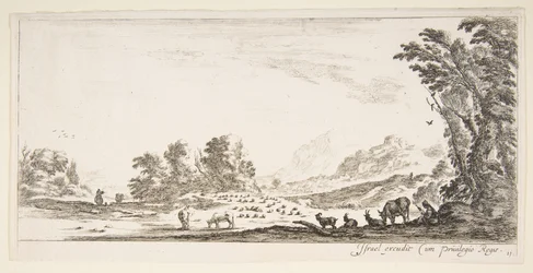 Tavola 11: pastorella seduta a destra sotto un albero, osservando il suo gregge a sinistra, ca. 1641