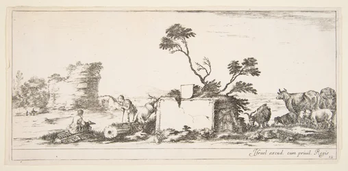 Tavola 12: un disegnatore seduto a sinistra, un pastore in piedi accanto a lui a destra, rovine, ca. 1641