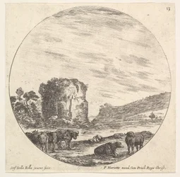 Tavola 13: rovine di un antico tempio sullo sfondo, un gregge di mucche in primo piano, ca. 1643-48