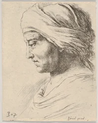 Piatto 16: testa di un vecchio di profilo con un panno legato intorno alla testa, da The B..., ca. 1649