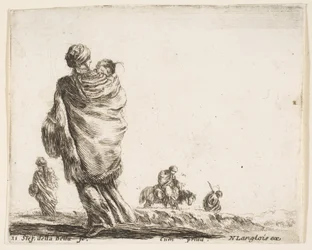 Tavola 21: una povera donna a sinistra, vista da dietro, avvolgendo il suo bambino in uno scialle, ca. 1644-47