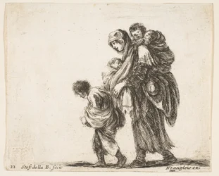 Piatto 22: una mendicante con tre bambini, uno sulle spalle