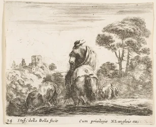 Tavola 24: mandriano a cavallo, visto da dietro, guida il suo bestiame giù per una collina, ca. 1644-47