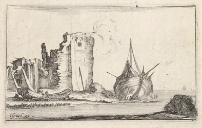 Piatto 2: una nave a destra e una barca a remi a sinistra, arenata sulla riva, una torre in rovina