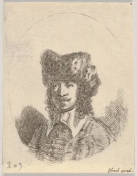 Tavola 2: testa di un uomo con baffi e cappello di pelliccia rivolto a sinistra, una composizione ovale, 1650