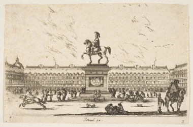 Tavola 3: La Place Royale, statua equestre di Luigi XIII in profilo rivolto a sinistra..., 1642