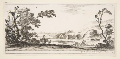 Tavola 3: due cavalieri che attraversano un fiume a destra, una donna con due cesti sopra un asino, ca. 1641