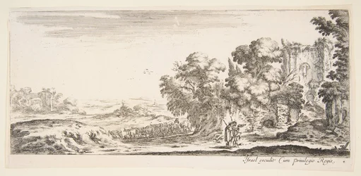 Due pellegrini osservano rovine a destra, uno indica verso destra, un pastore, ca. 1641