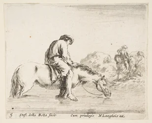 Tavola 5: un contadino a piedi nudi a cavallo che attraversa un fiume, un altro contadino a cavallo..., ca. 1644-47