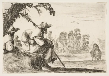 Piastra 5: due pellegrini con cappelli riposano a sinistra, visti da dietro, un cavaliere cavalca verso