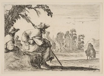 Due pellegrini con cappelli riposano a sinistra, visti da dietro, un cavaliere cavalca verso, 1642