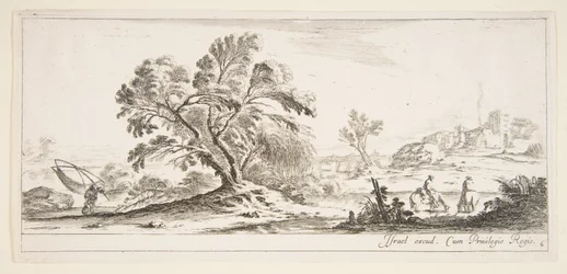 Tavola 6: un pescatore che porta una rete a sinistra, due cavalieri in un ruscello a destra, un albero, ca. 1641