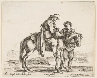 Tavola 6: un contadino a cavallo di profilo rivolto a destra, con un cesto e t..., ca. 1644-47