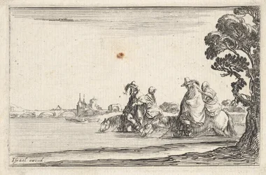 Tavola 8: due cavalieri con cappelli a destra, ciascuno con una donna seduta dietro di loro, ca. 1642