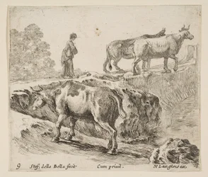 Tavola 9: una mucca che sale una riva, una contadina che conduce due mucche attraverso un ponte, ca. 1644-47