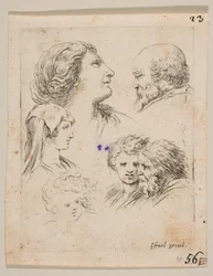 Cinque teste, due giovani donne a sinistra, un uomo barbuto in alto a destra, una giovane donna, ca. 1649