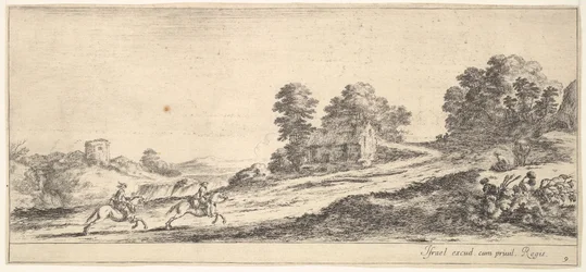 Due cavalieri a sinistra che galoppano in salita verso destra, un cavallo e un uomo seduto, ca. 1641