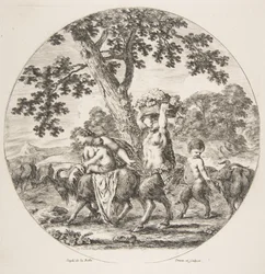 Famiglia di satiri che cammina verso sinistra con due capre e un cesto di uva, ca. 1657