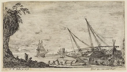 Paesaggi marini (Paysages maritimes): porto marittimo con marinai e operai che trasportano tronchi