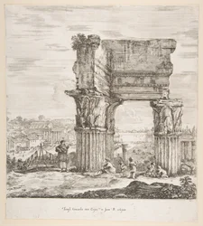 Il tempio di Vespasiano e il Foro Romano, da Sei grandi vedute, quattro di Roma e due ..., 1656