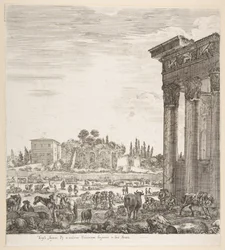 Le colonne del Tempio di Antonino a destra, parte del Campo Vaccino al centro