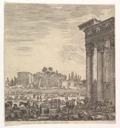 Le colonne del Tempio di Antonino a destra, una parte del Campo Vaccino al centro